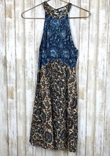 Urban Outfitters COPE Fit Flare Brown Blue Floral Open Back Mock Top Dress 6