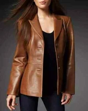 Women's Genuine Lambskin Leather Blazer Slim Fit Stylish Double Breasted Coat