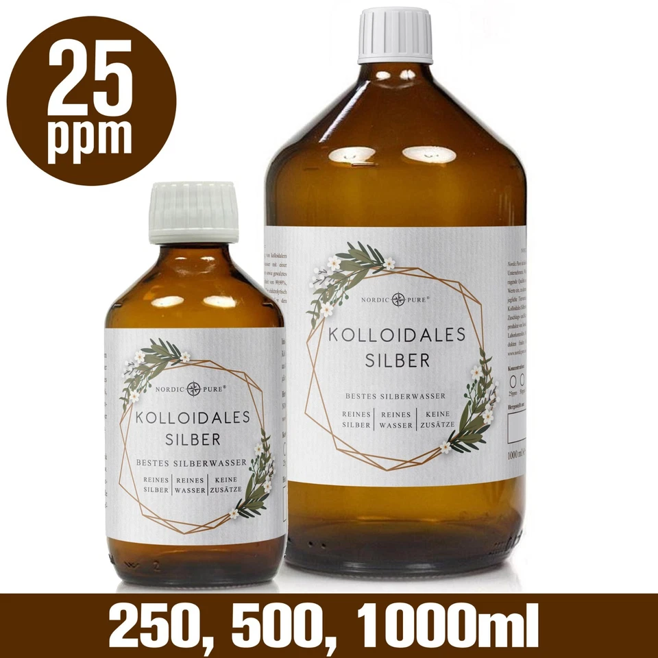 NORDIC PURE Kolloidales Silber (Silberwasser), 25 ppm in Apotheker-Glasflasche (250-1000 ml)