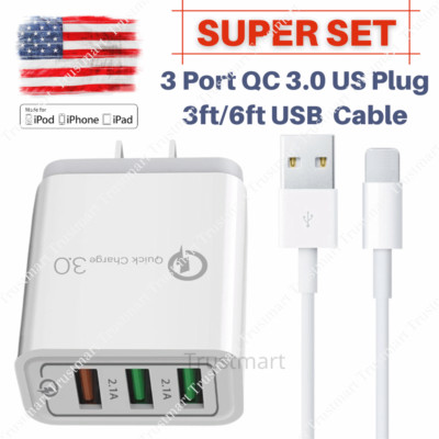 QC3.0 Fast Wall Charger Power Adapter USB Cable Lot For iPhone 12 11 XR 8 7 6 5c