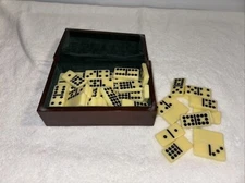 Double Nine Dominoes Wooden Box Case Brass Inlays 53 Bakelite Tiles