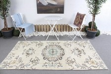 Vintage Turkish Accent Rug 3x6 ft, Beige Wool...