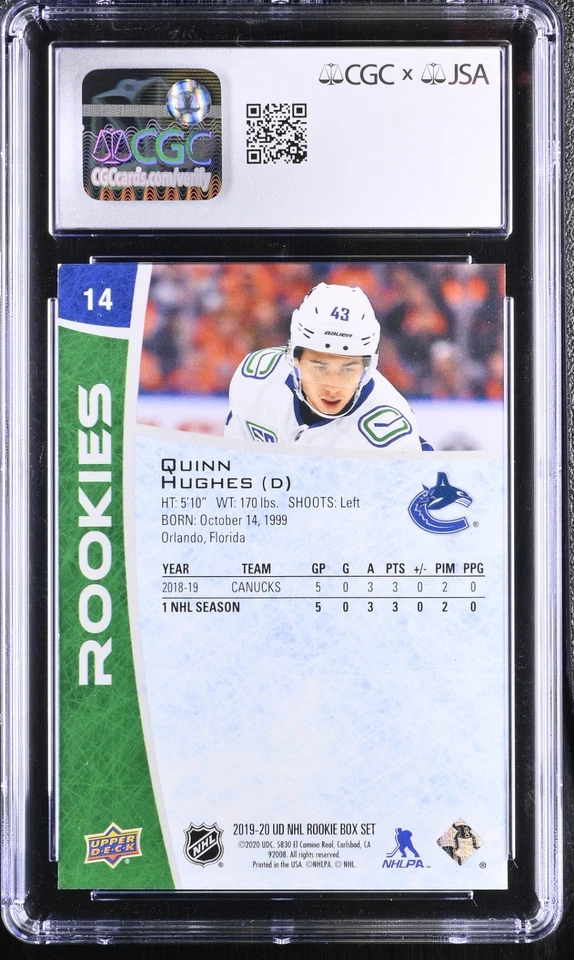 QUINN HUGHES SIGNED 2019-20 UPPER DECK ROOKIE SET CARD #14 CGC 8.5 JSA 9 AUTO - Image 2 of 2