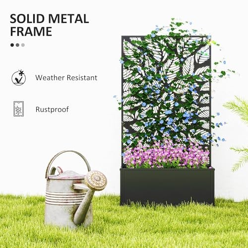  Metal Raised Garden Bed with Trellis for Climbing Small Leaves Cut-Outs