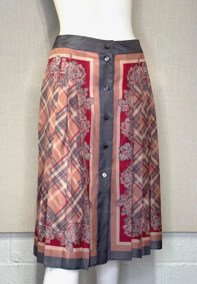 Alberta Ferretti 纽扣前格子围巾印花褶饰丝绸裙子尺寸 IT40 US4 — 第 3/4 张图片