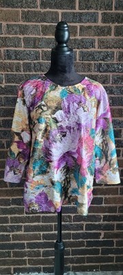 Alfred Dunner Womens Floral Embellished Crinkle 3/4 Sleeve Blouse Size Large