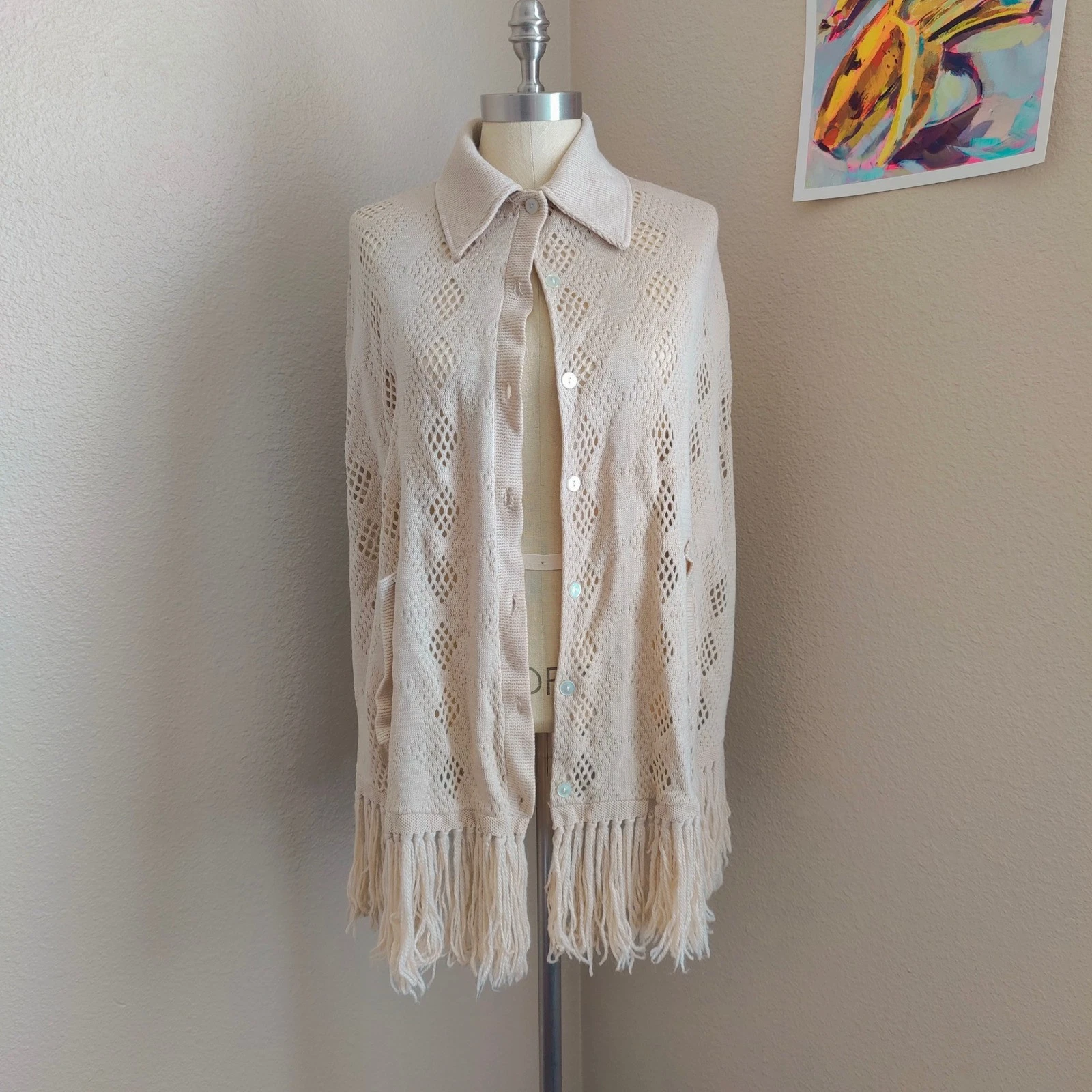 Vintage 70s Cream Pointelle Knit Fringe Cardigan Poncho Button Front Boho M