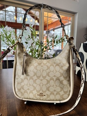 COACH Jules Hobo Pebble & Snake-Embossed Leather Bag Light Khaki