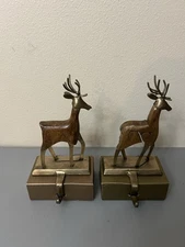 (2) Pier 1 Imp REINDEER - Wood & Wrought Iron Stocking Hanger Holders NEW 5x8”