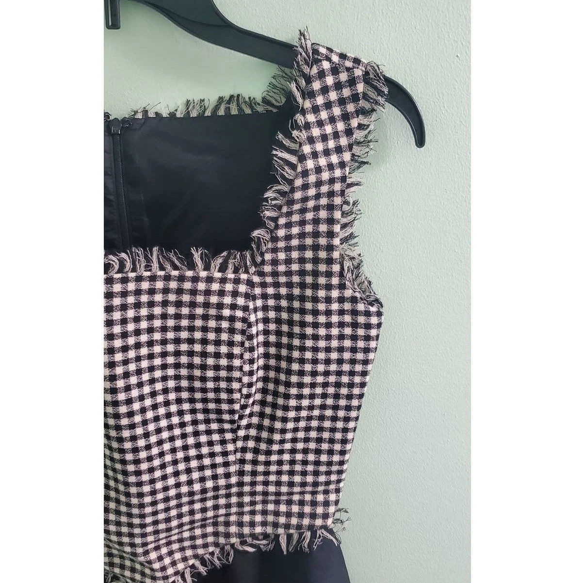 Abito Moschino Couture lana nero e panna a quadri con frange accento taglia 6