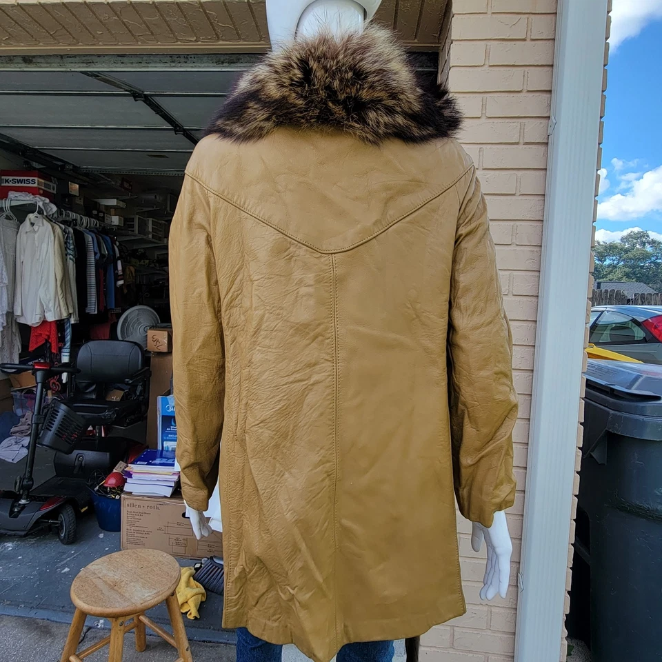 Abrigo de cuero genuino vintage años 70 Peter Caruso cuello de piel color tostado camel mujer talla 12 Foto 2 de 4