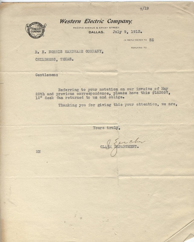 1913 LETTERHEAD DALLAS TEXAS WESTERN ELECTRIC CO.