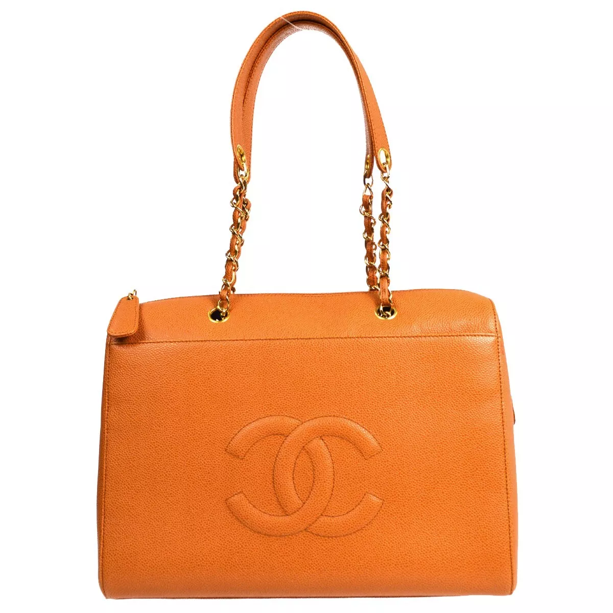 CHANEL Jumbo CC Chain Hand Tote Bag Purse Orange Caviar Skin 46474