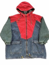 Vtg Denim Blue Jean Hooded Parka Coat Jacket Womens 3x Color Block Red Green 80s