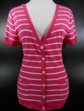Beautiful Women's Medium Ralph Lauren Chaps Pink Striped SS Button Sweater Top