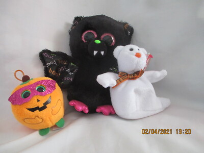 Ty Beanie Boos Dart Bat 6'' 2017 & Pumpkin Mystery 3'' Bear Ghost 4'' Lot of 3