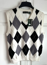 SCOTTISH WIND GOLF YOUTH KIDS Lined V Neck Sweater Vest Argyle CREAM GRAY Sz L
