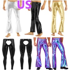 US Men Bell Bottom Pants Shiny Metallic Disco Flared Long Pants Retro Trousers