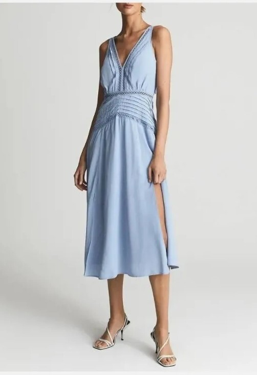 REISS::ドレス:UK4[RESALE] Reiss Shirred-Waist Midi Shirt Dress in Blue | REISS
