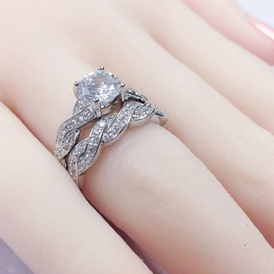 Conjunto de anillos de compromiso de plata real únicos para mujer anillos de boda corte redondo circonita cúbica Foto 4 de 4