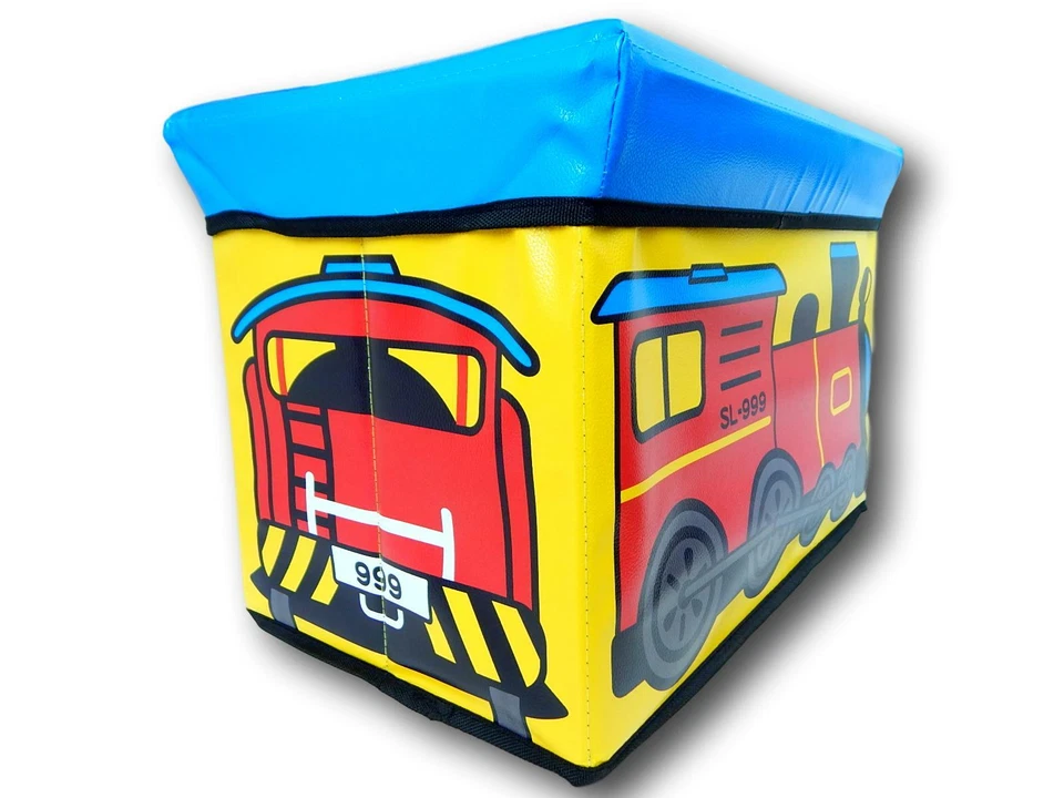 Baú de armazenamento de brinquedos infantis, banco acolchoado de vinil ou otomano -- trem azul amarelo - Imagem 2 de 4