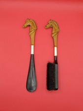 Vintage Shoe Horn  Brush Set-Plastic Horse Heads Tan And Black Japan