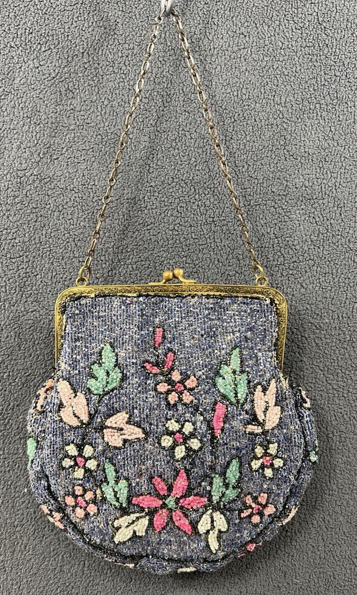Vintage 1920s Colorful Handbag Purse Clutch Frame Glass Beads