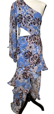 asymmetric ruffle floral printed one shoulder evening dress Alexis Print Long S White And Black Wedding Dresses The flowing pleated skirt Color:Smokey Blue Shein Holiday Birthday Dinner