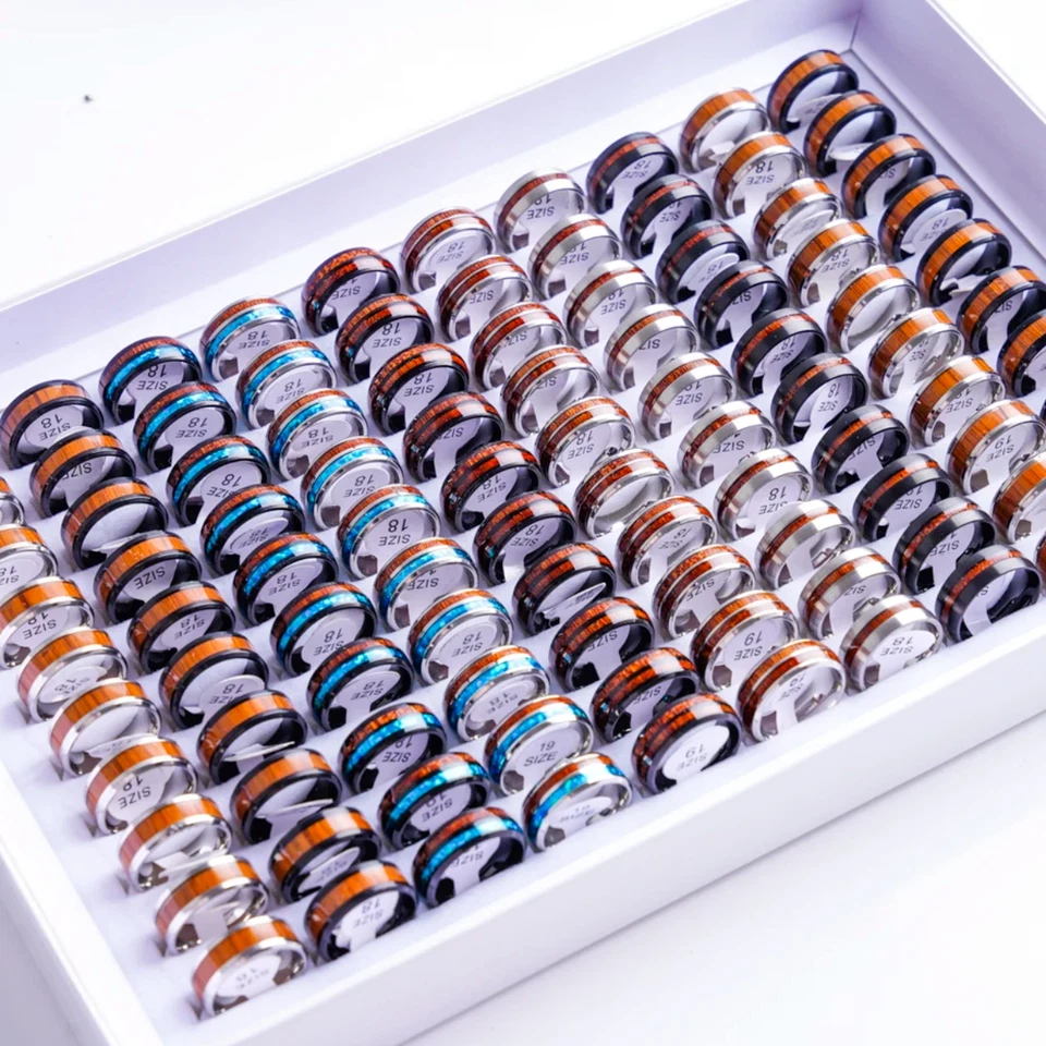 Оптовая продажа 30/50шт верхний 8 мм дерева дизайн кольца мужчин моды ювелирных изделий из нержавеющей стали - Изображение 3 из 4