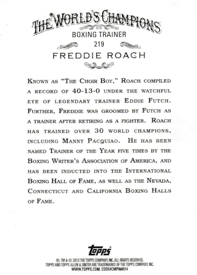 2013 Allen and Ginter #219 Freddie Roach Baseball Card NM-MT Boxing Trainer - Image 2 of 2