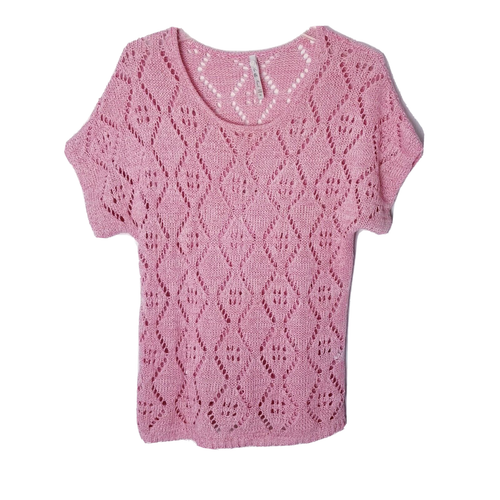 Leo & Nicole Sweater Women Size Medium Pink Peach White Knit Short Sleeve