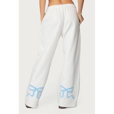 Edikted Wide Leg Bonney Bow Sweatpants White with Blue Ribbon Coquette Large