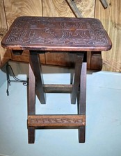 VTG Peruvian Peru Folding Hand Tooled Leather & Wood Collapsible Stool Or Table