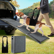 Folding Pet Car Ramp with Non-Slip Rug Surface, Portable Ramp with Dog Lift Harn