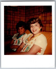 Vtg Polaroid Snapshot Photo Two Boys Smiling Couch Plaid Wallpaper Shirts