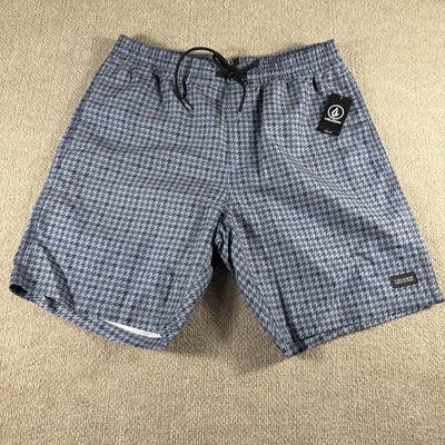 Volcom Preston EW Hybrid 18 Shorts Mens Medium Blue Houndstooth Swim Trunks New