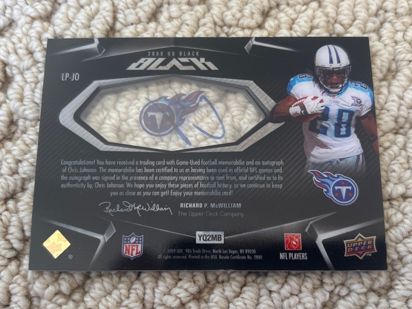 2009 UD Black Chris Johnson Game Used Patch Auto /50 Tennessee Titans Upper Deck view 2
