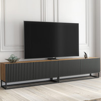 200cm Modular TV Unit | Oak Body & Black Fluted Doors | Black Metal Legs  Modern