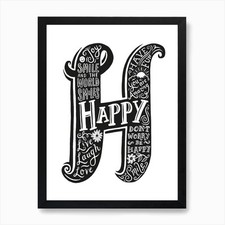 Happy Typograpic Art Print Framed Wall Art Poster Canvas Print Picture