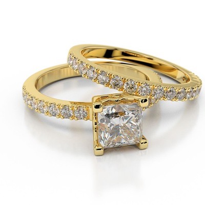 1.62 Ct Princess Cut Lab Created Diamond Wedding Ring 14K Solid Yellow Gold A