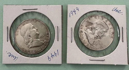 1949 Franklin Half Dollar Uncirculated Silver Coins Lot of 2, 0.9 Fineness
