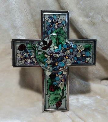 Vintage AMIA Denver Co Hand Painted Stained Glass Cross Trinket Box 8''