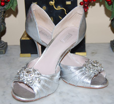GLINT SILVER LEATHER JEWELED SLING BACK OPEN TOE HIGH HEEL WOMEN'S PUMPS S 10 M