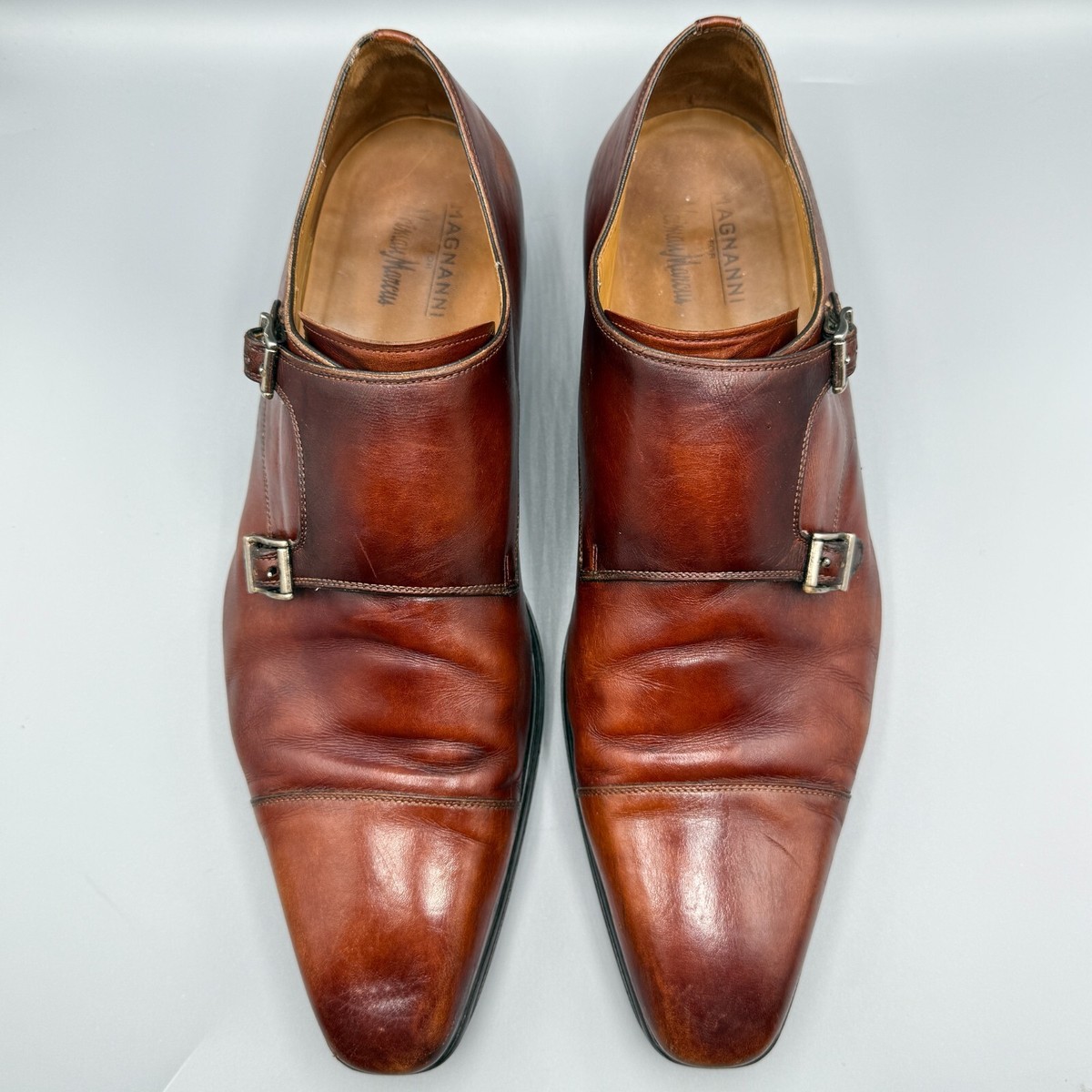 Magnanni Loafers Mens Cognac Leather Double Monk Strap Cap Toe Dress  Shoes