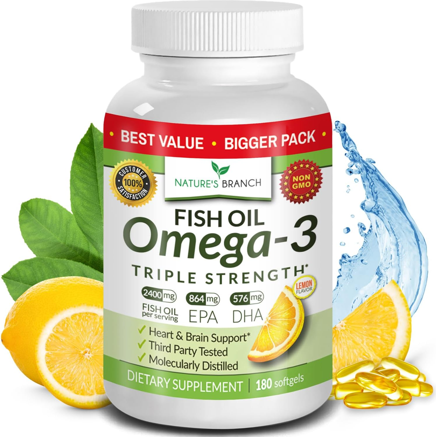 Best Triple Strength Omega 3 Fish Oil Pills - 180 Capsules - 2400Mg High Potency