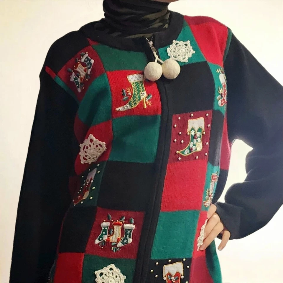 Suéter Vintage Feo Navidad De Colección Bordado Cremallera Tejido Cárdigan Talla Grande Foto 2 de 4