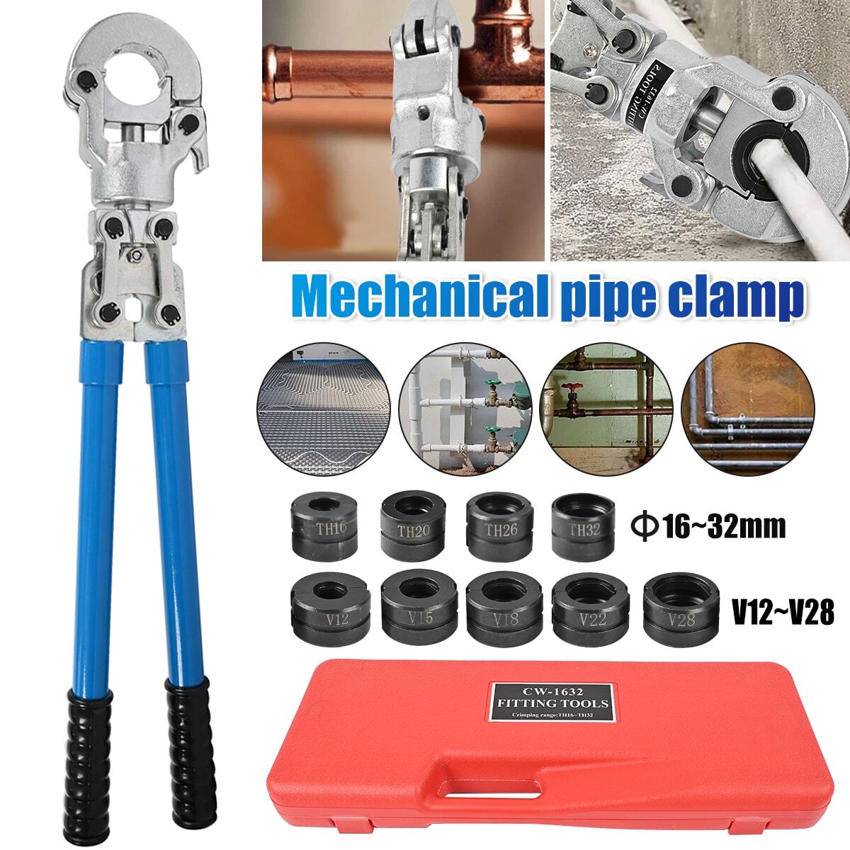 Handpresse Presszange TH16-32mm + V12-28m Verbundrohr Kupferrohr Rohrpresszange