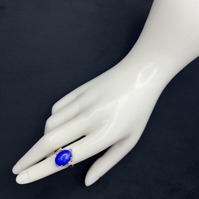 Large Modernist Cabochon Lapis Lazuli & Diamond 14K Yellow Gold Ring Size 6
