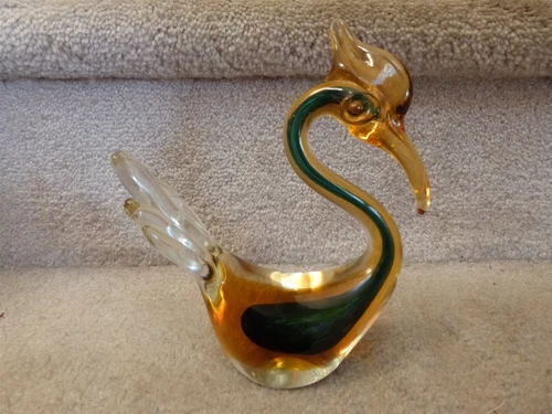 VINTAGE Murano Venetian Art Glass Sculpture Duck Swan Waterfowl Amber Teal 6.5"