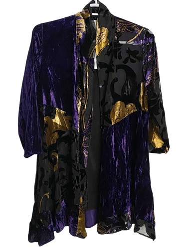 Chico's Travelers Burnout Velvet Elegant Jacket Kimono Purple Black Size L $179